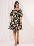 Janasya Women's Black Pure Cotton Floral Printed A-line Dress
